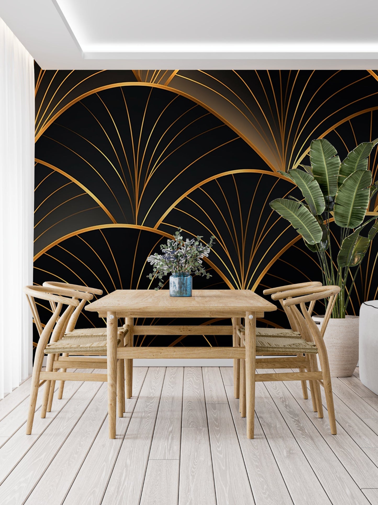 Papier Peint Art Déco Motif Éventail Noir et Doré Example de Design 3