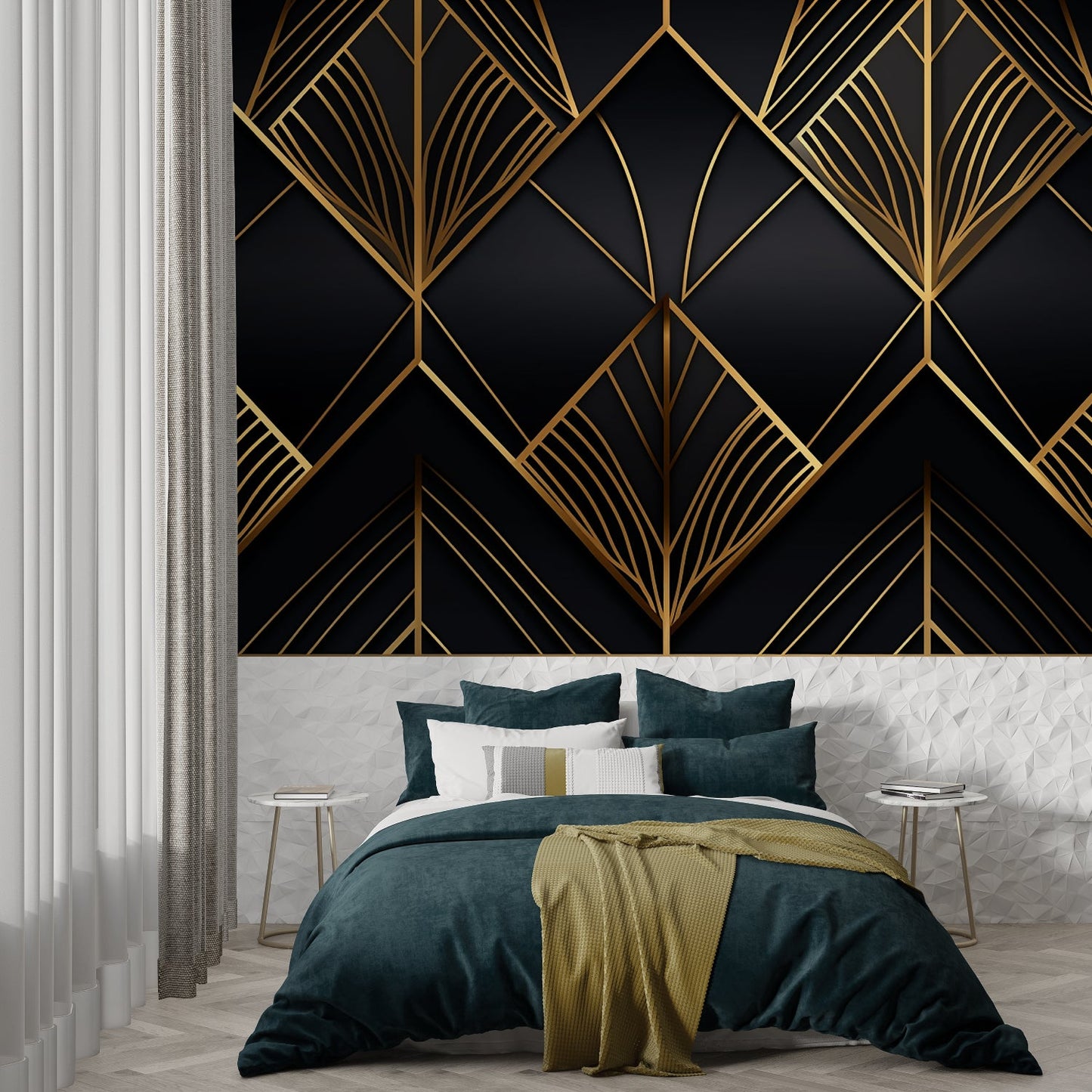 Papier Peint Art Déco Motif Géométrique Noir et Doré Example de Design 3