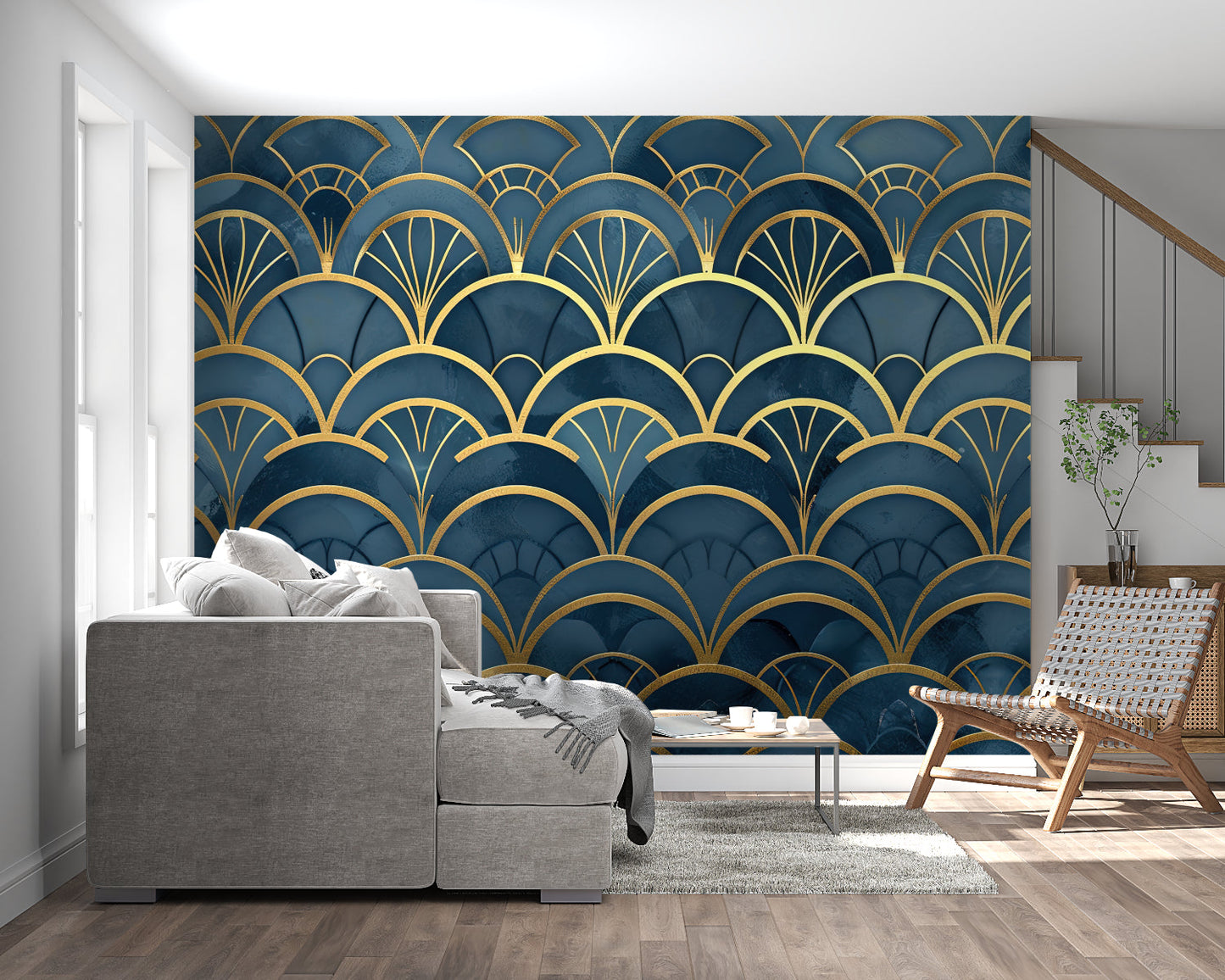 Papier Peint Art Déco Motif Éventail Doré sur Bleu Profond Example de Design 3