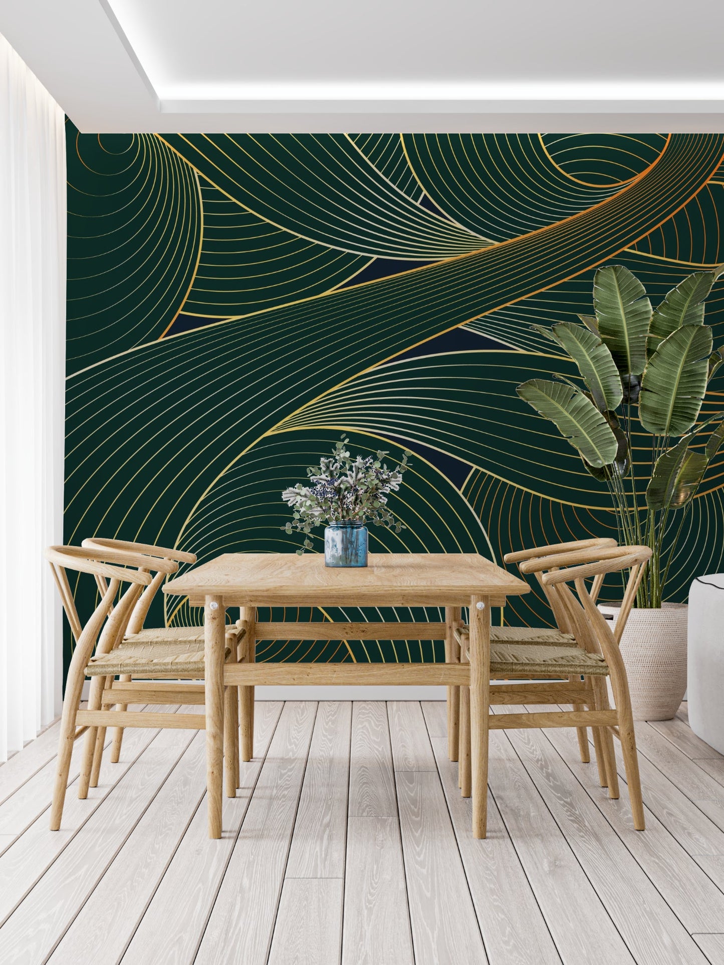 Papier Peint Art Déco Motif Vagues Émeraude et Or Example de Design 3