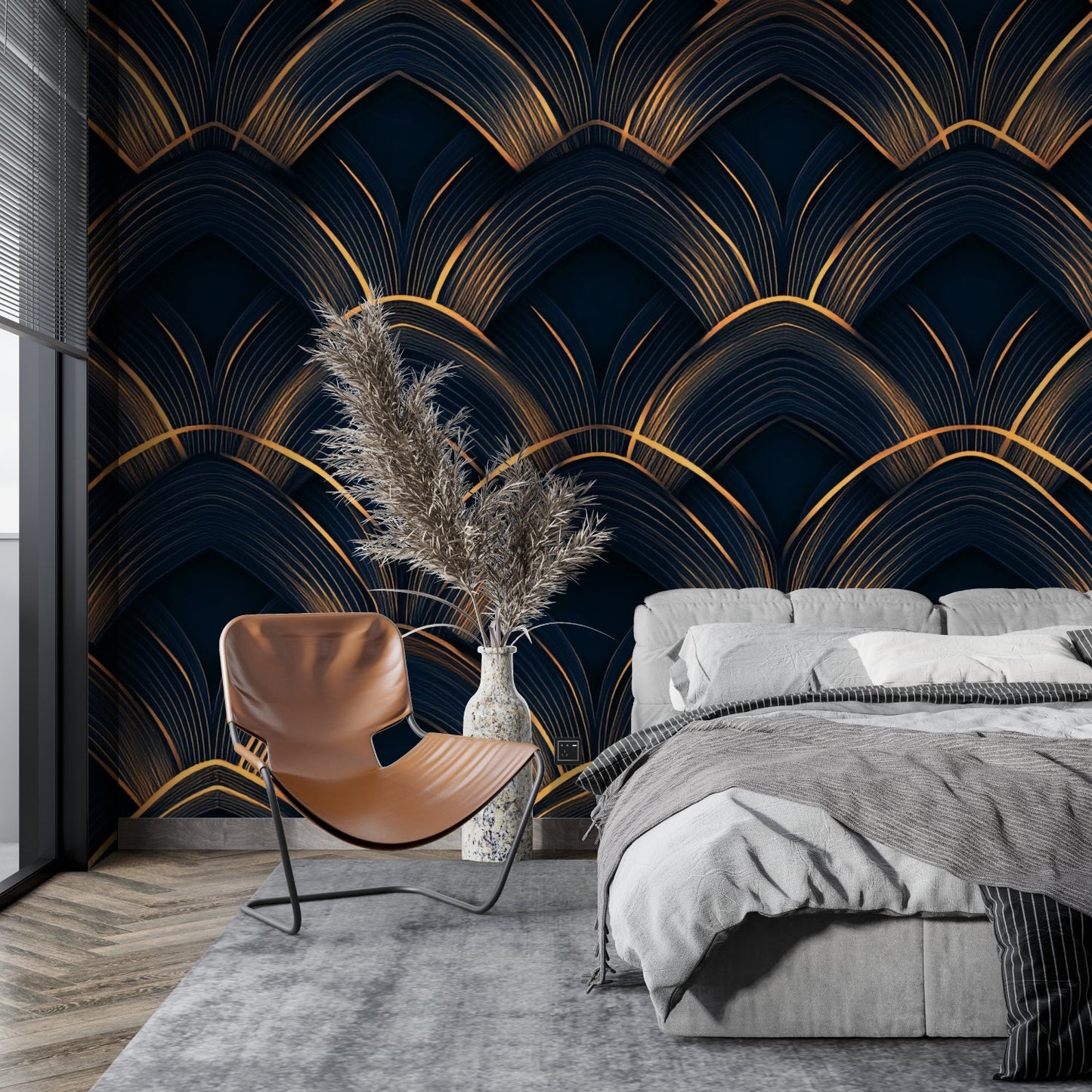 Papier Peint Art Déco Motif Éventail Géométrique Noir et Or Example de Design 3