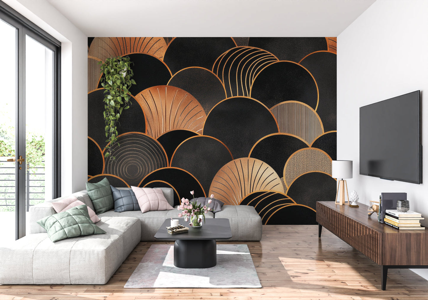 Papier Peint Art Déco Arches Géométriques Noir et Doré Example de Design 3