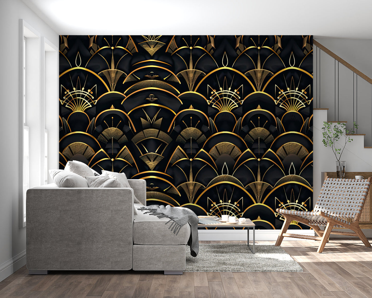 Papier Peint Art Déco Motif Géométrique Noir et Doré Example de Design 3