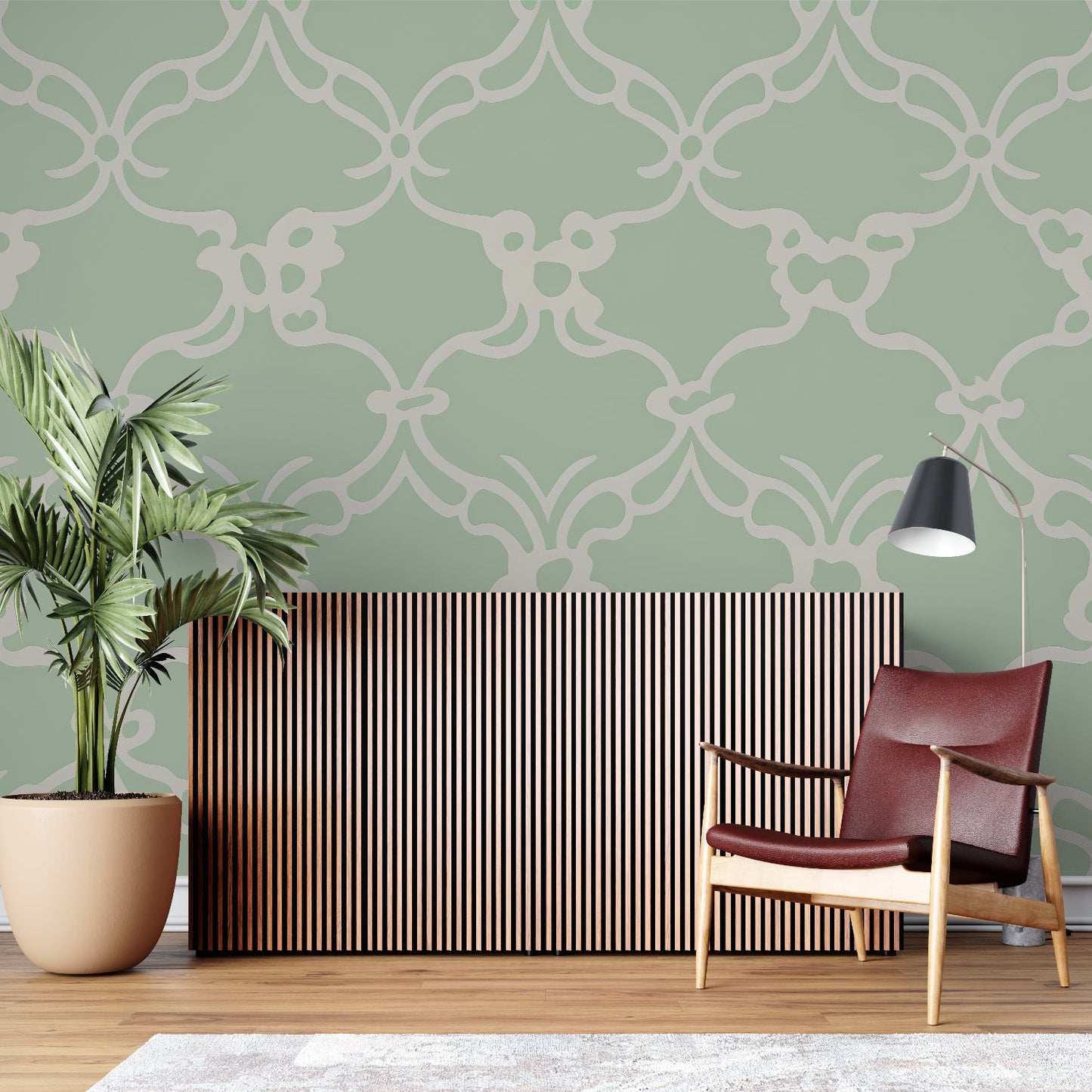Papier Peint Art Déco Motif Géométrique Vert Sauge et Beige Example de Design 3