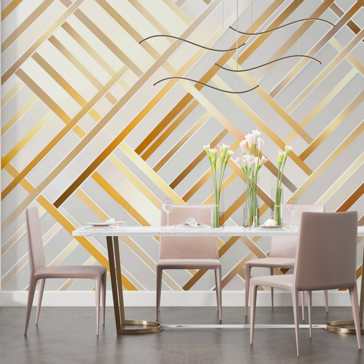 Papier Peint Géométrique Lignes Art Déco Blanc et Doré Example de Design 3