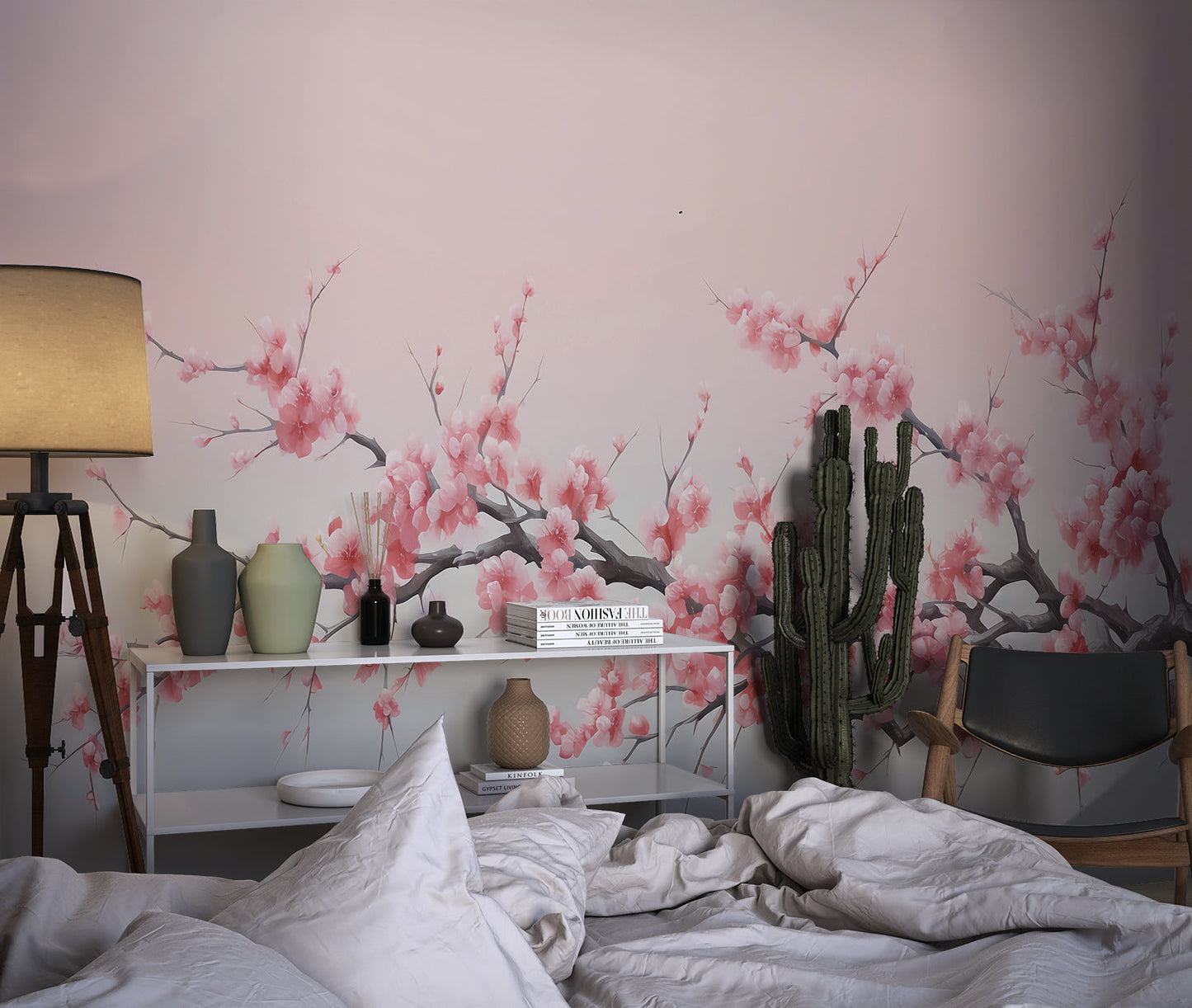 Papier Peint Cerisier Japonais Fleurs de Sakura sur Dégradé Gris Example de Design 3