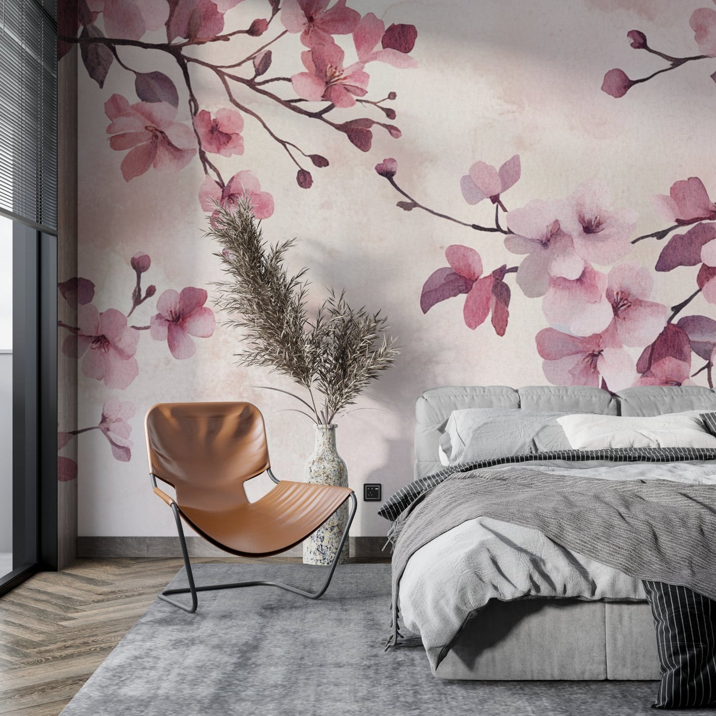 Papier Peint Fleurs de Cerisier Aquarelle Japonaise Rose et Mauve Example de Design 3