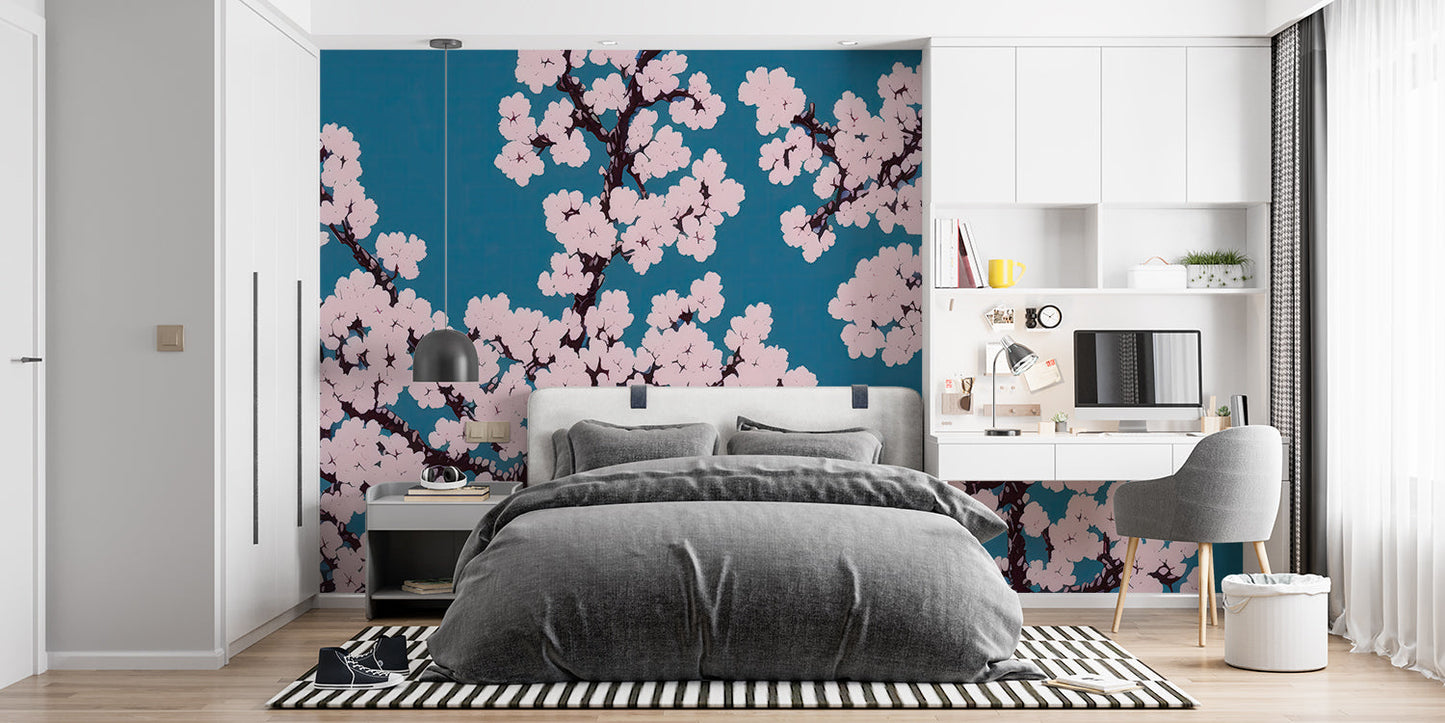 Papier Peint Japonais Fleurs de Cerisier sur Fond Bleu Canard Example de Design 3