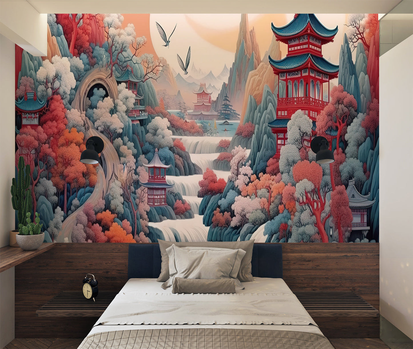 Papier Peint Japonais Paysage Traditionnel avec Pagodes et Cerisiers Example de Design 3
