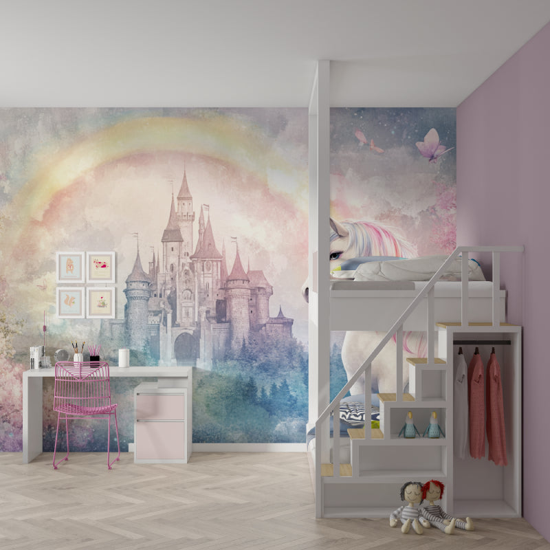Papier Peint Licorne Château Magique avec Arcenciel Pastel Example de Design 3