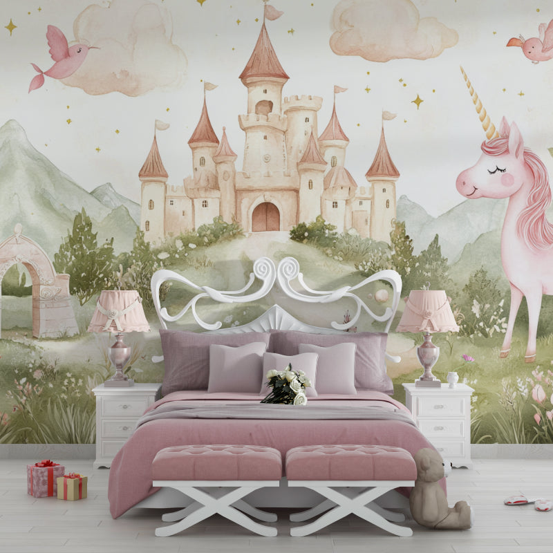 Papier Peint Château de Princesse Licorne et Oiseaux Style Aquarelle Example de Design 3
