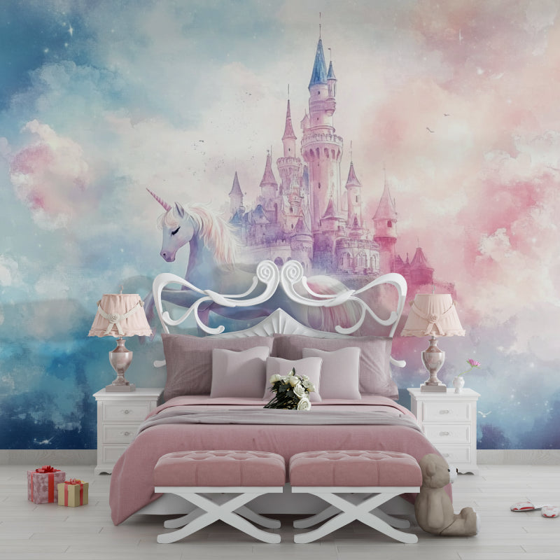 Papier Peint Licorne Château Féerique dans les Nuages Roses et Bleus Example de Design 3