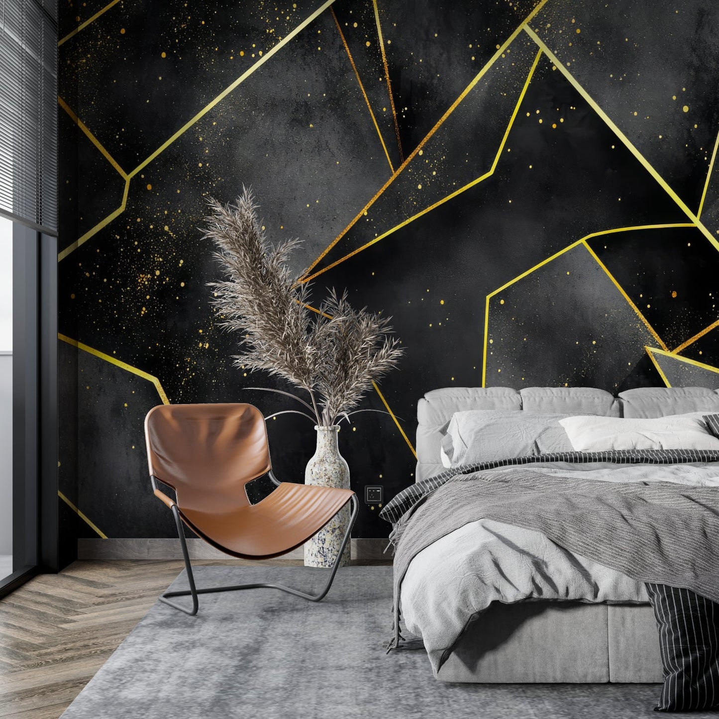 Papier Peint Géométrique Design Angulaire Noir et Doré Example de Design 3