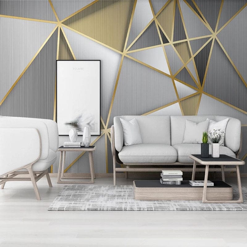 Papier Peint Géométrique Motif Art Déco Gris et Doré Example de Design 3