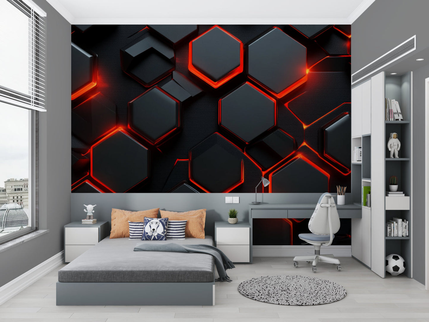 Papier Peint Géométrique Hexagones Noirs avec Contours Lumineux Rouge Example de Design 3