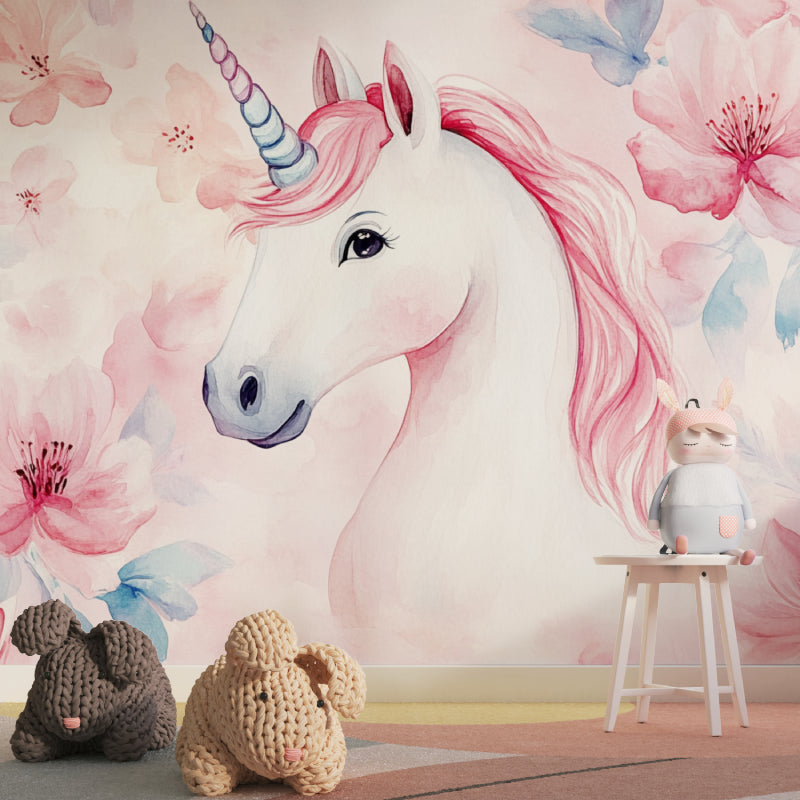 Papier Peint Licorne Aquarelle Florale Rose et Féérique Example de Design 3