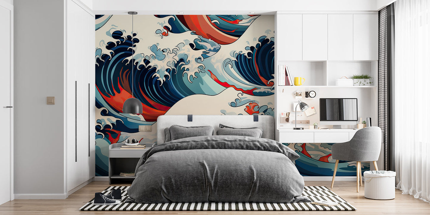 Papier Peint Japonais Vagues Dynamiques Bleu Marine et Rouge Example de Design 3