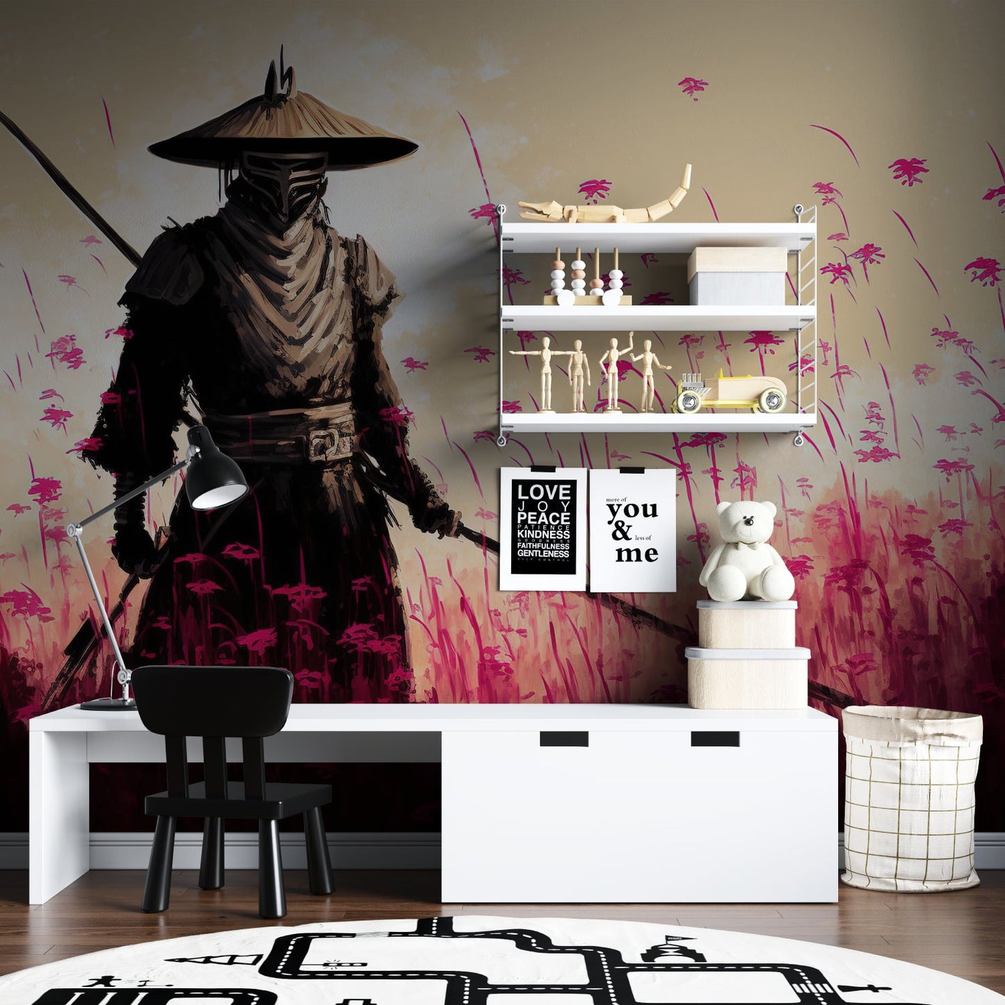 Papier Peint Japonais Samouraï dans un Champ de Fleurs Rose Example de Design 3