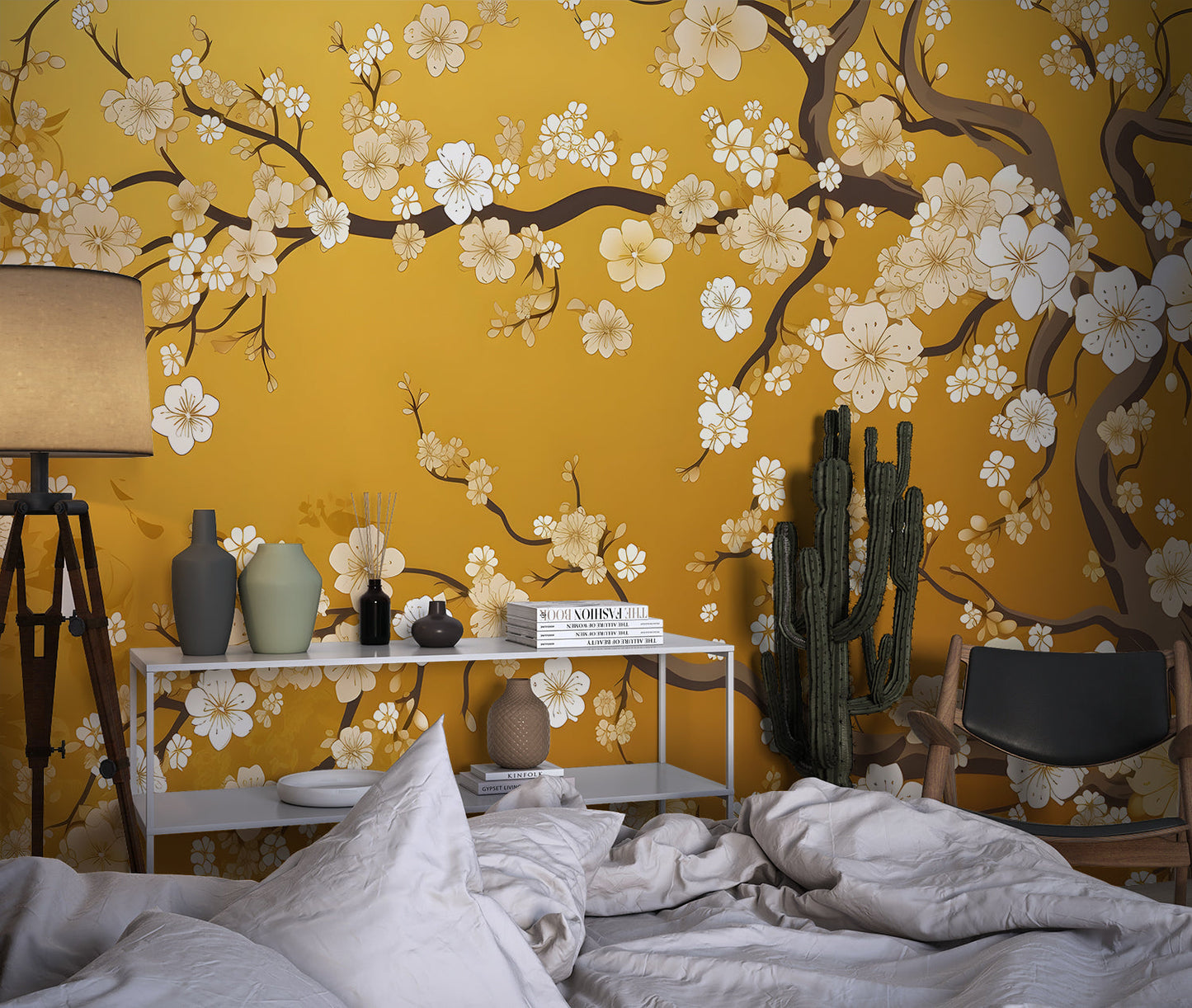 Papier Peint Japonais Fleurs de Cerisier sur Fond Doré Example de Design 3