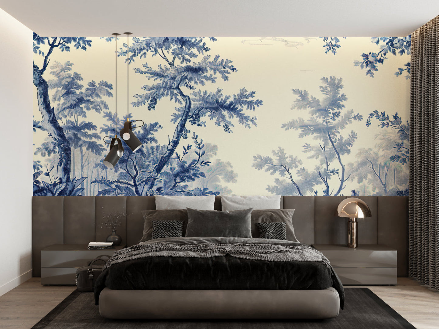 Papier Peint Toile de Jouy Arbre Délicat Bleu sur Fond Crème Example de Design 3