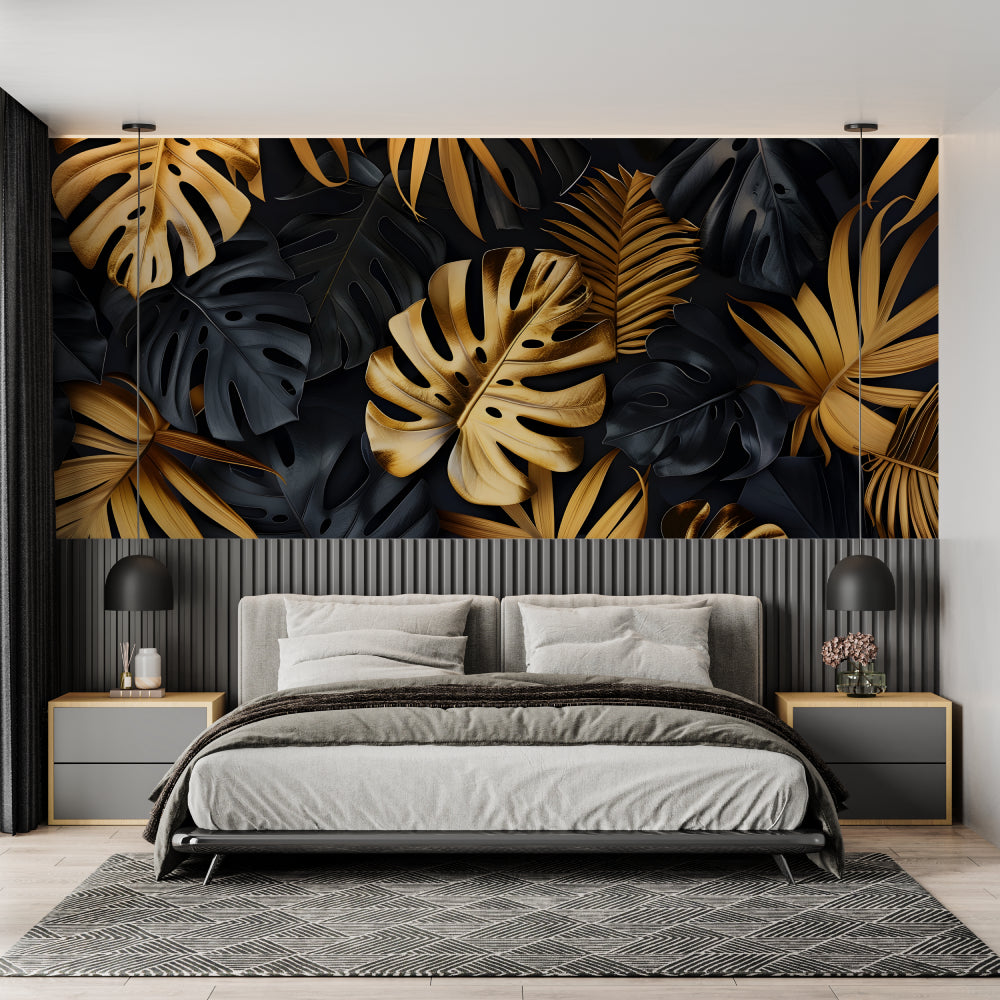 Papier Peint Tropical Feuilles de Monstera Noir et Or Example de Design 3