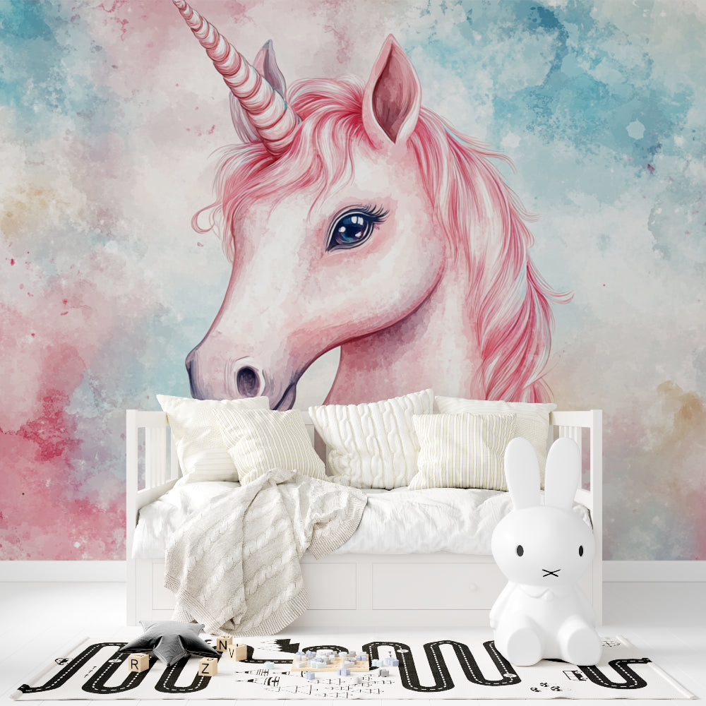 Papier Peint Licorne Portrait Aquarelle Rose et Bleu Magique Example de Design 3