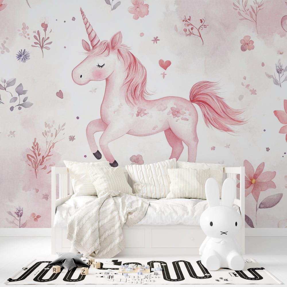 Papier Peint Licorne Aquarelle Rose avec Fleurs et Nuages Example de Design 3
