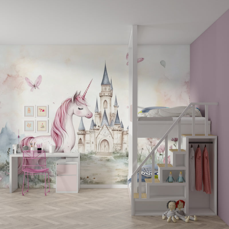 Papier Peint Licorne Château Féerique et Papillons Rose Pastel Example de Design 3