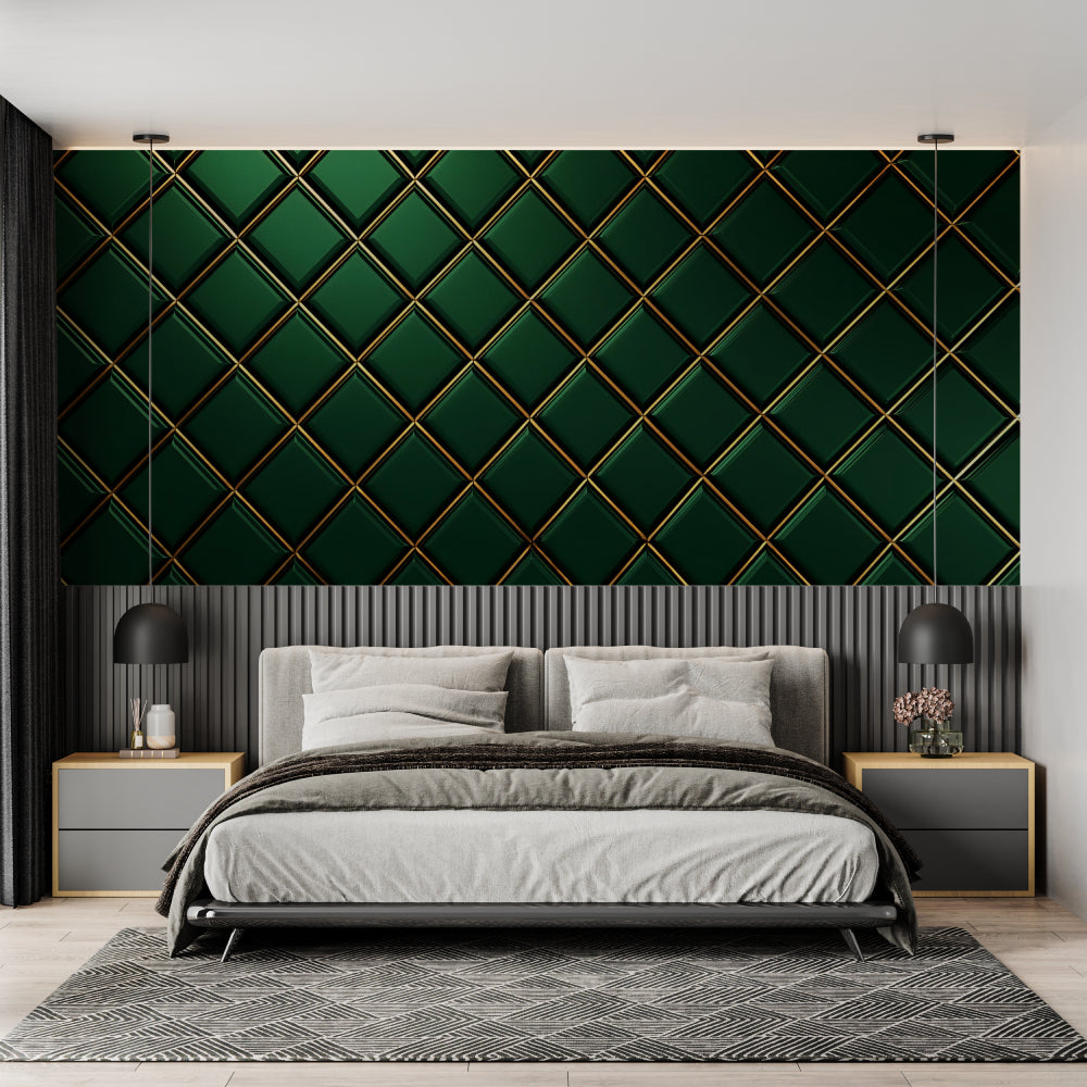 Papier Peint Géométrique Motif Diamant Vert et Doré Art Déco Example de Design 3