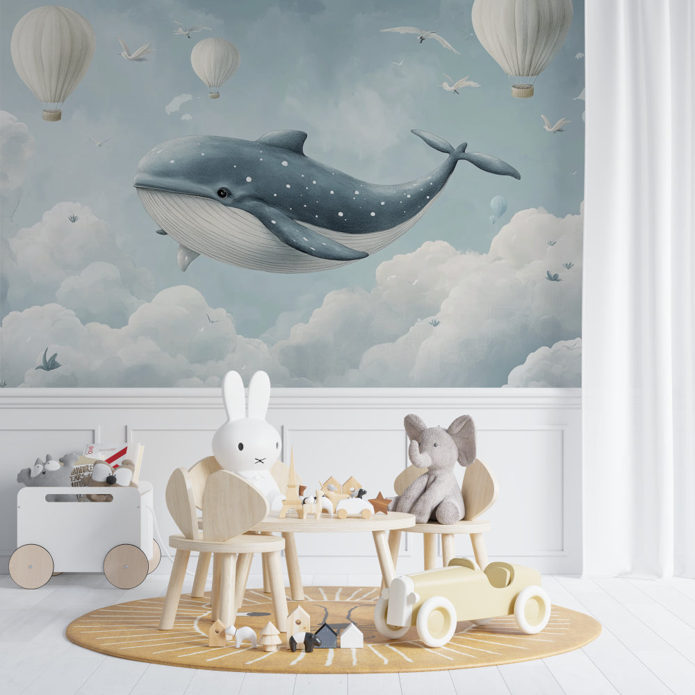 Papier Peint Baleine Scène Féérique avec Montgolfières et Nuages Example de Design 3