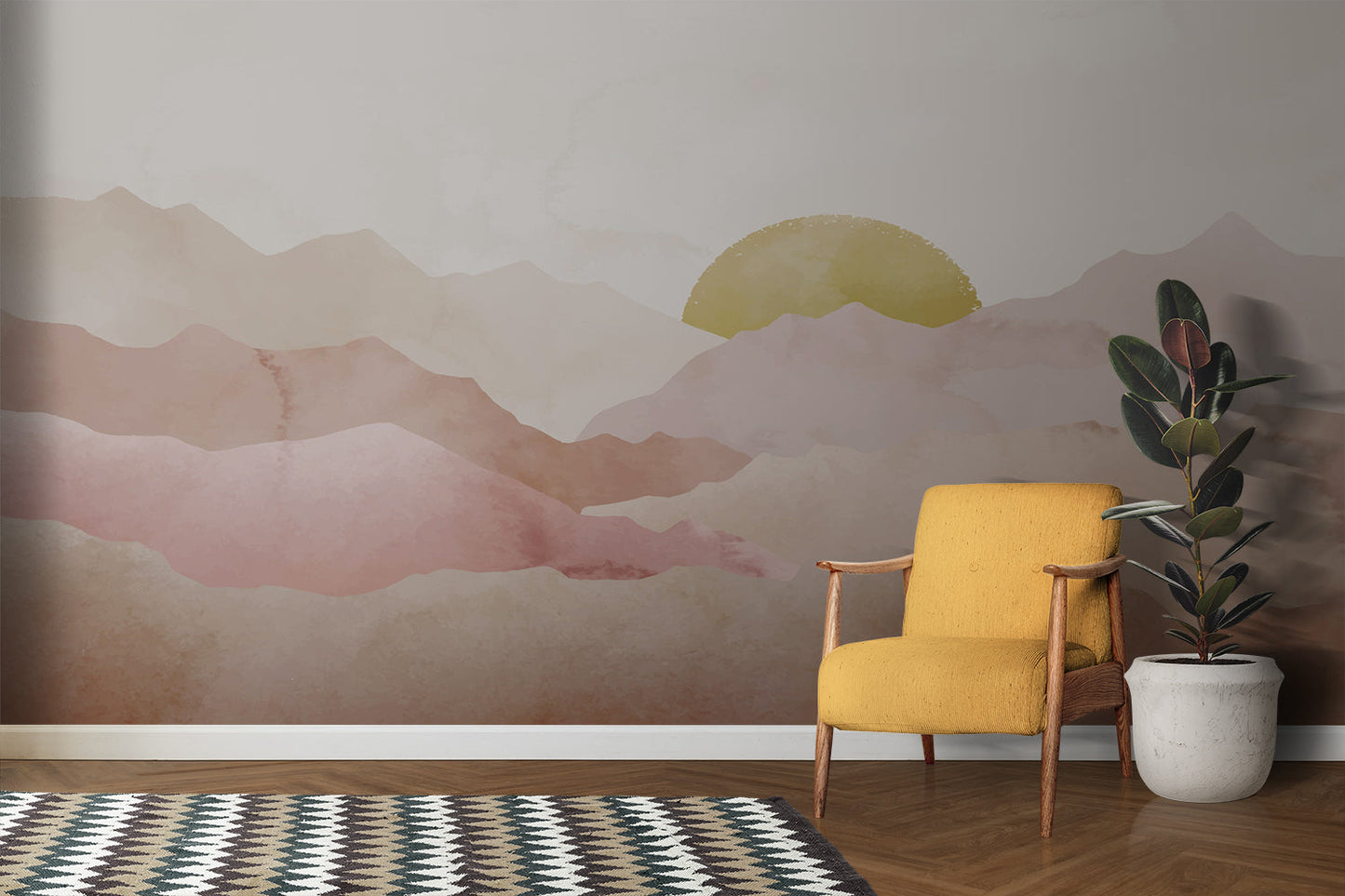 Papier Peint Montagne Paysage Aquarelle Terracotta et Soleil Doré Example de Design 3
