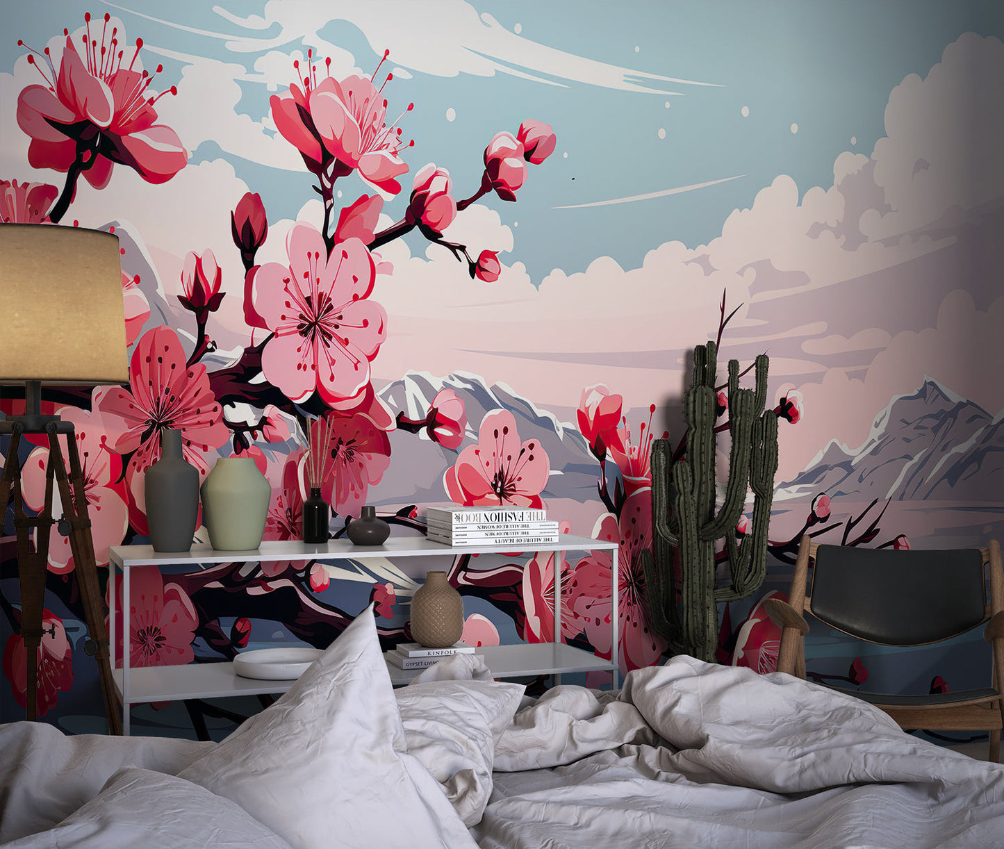 Papier Peint Japonais Fleurs de Cerisier et Lac de Montagne Example de Design 3