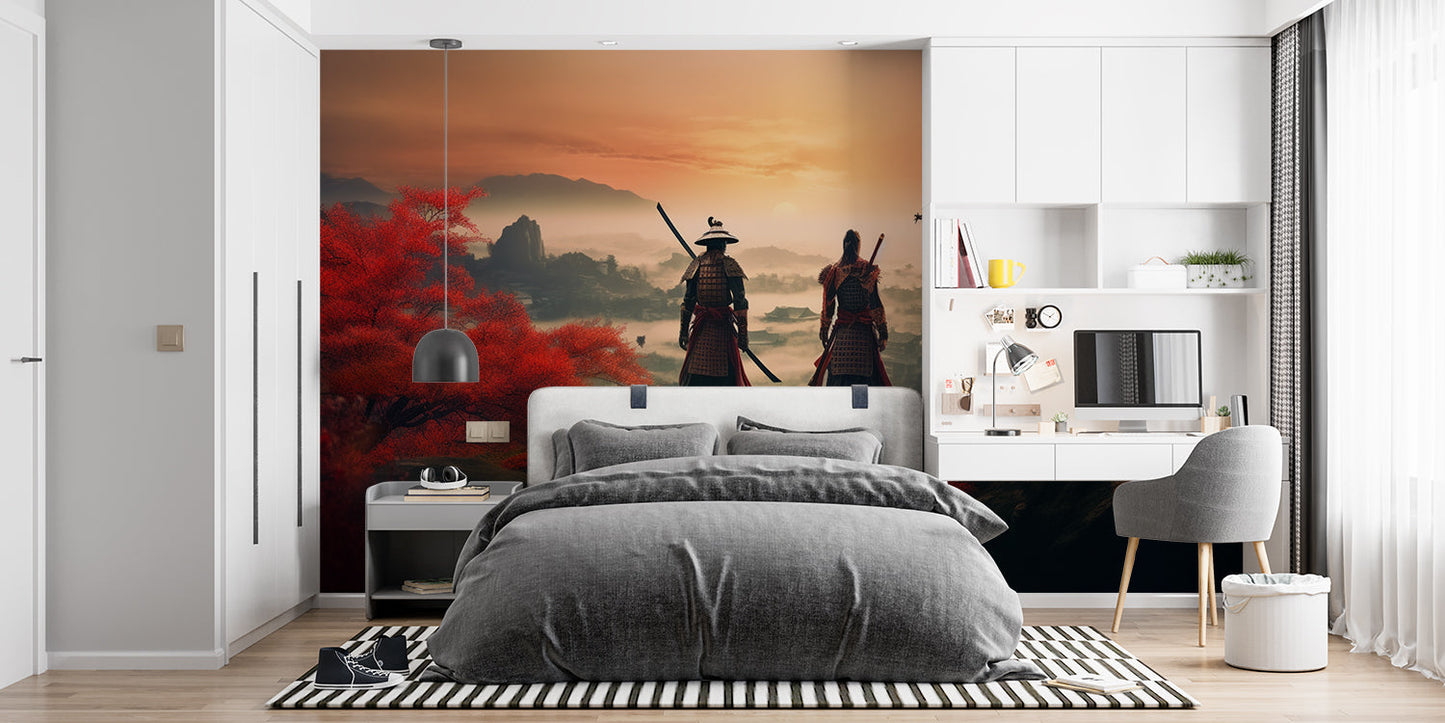 Papier Peint Japonais Samouraïs dans la Forêt dÉrables Rouges Example de Design 3