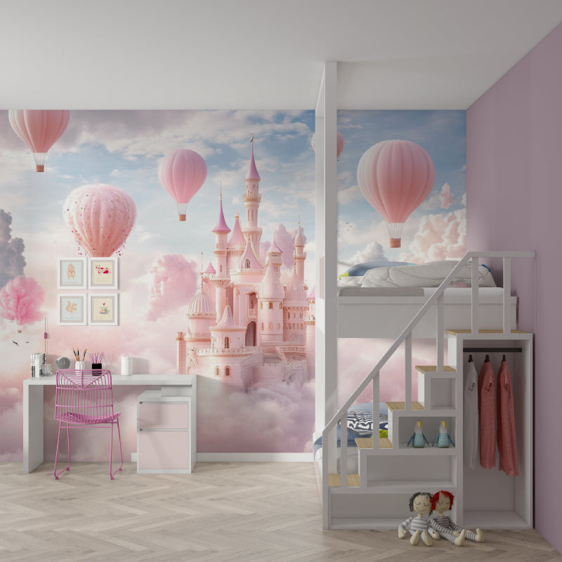 Papier Peint Château de Princesse Montgolfières Roses dans les Nuages Example de Design 3