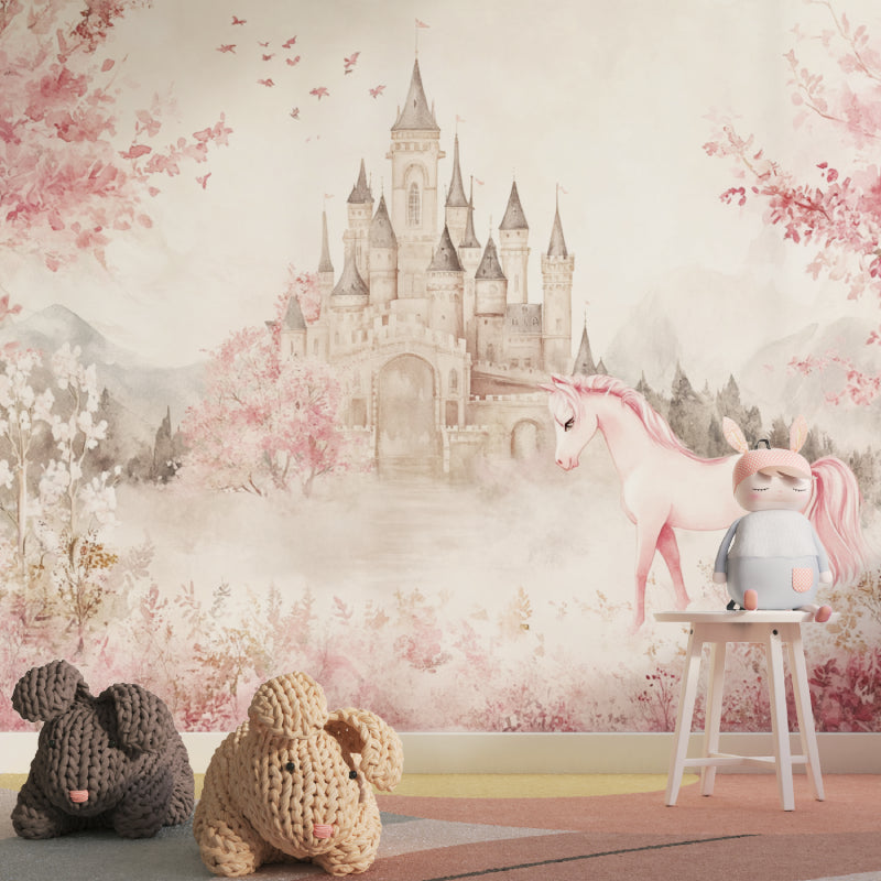 Papier Peint Château Licorne Fresque Aquarelle Rose Princesse Example de Design 3