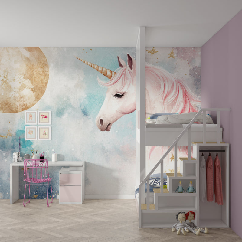Papier Peint Licorne Aquarelle Rose et Lune Dorée Example de Design 3