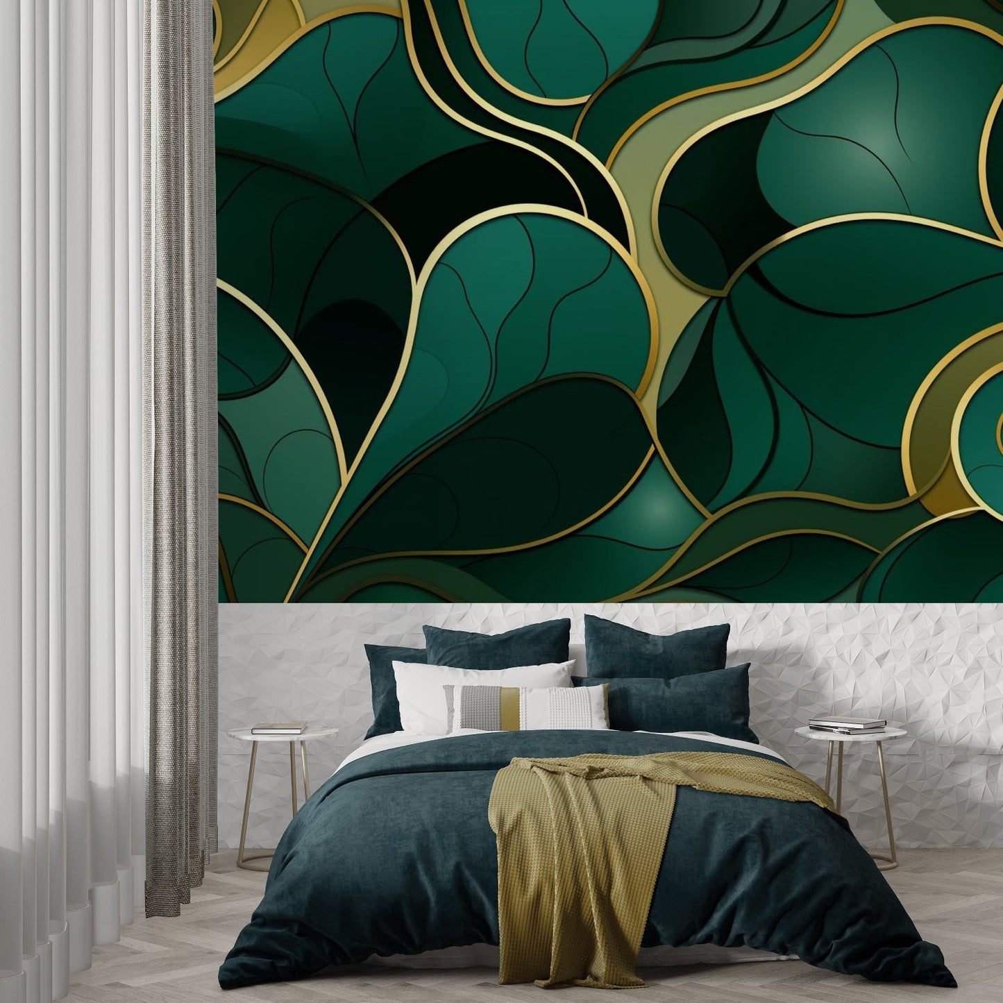 Papier Peint Art Déco Feuillage Émeraude et Lignes Dorées Example de Design 3