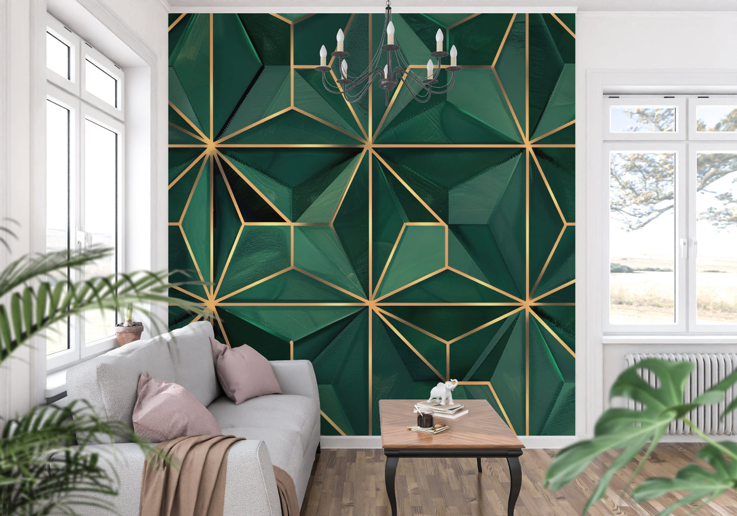 Papier Peint Art Déco Motif Géométrique Vert Émeraude et Or Example de Design 3
