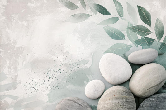 Papier Peint Zen Feuilles de Sauge et Galets Naturels