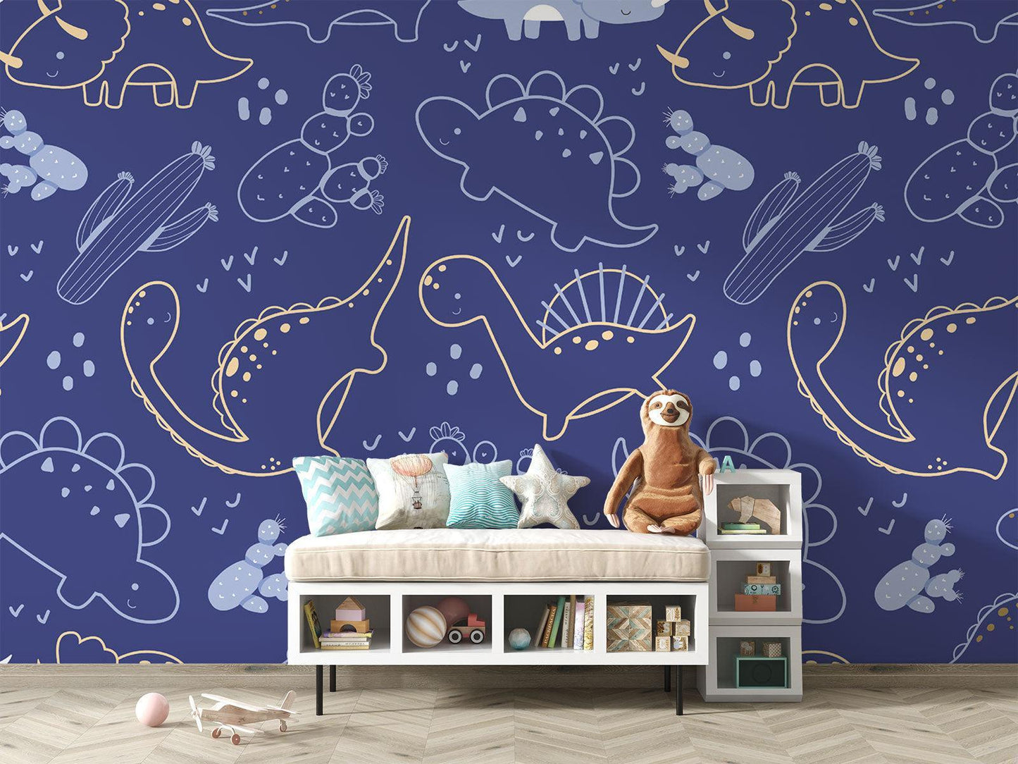 Papier Peint Dinosaure Motif Ligne Art Bleu Marine et Doré Example de Design 4