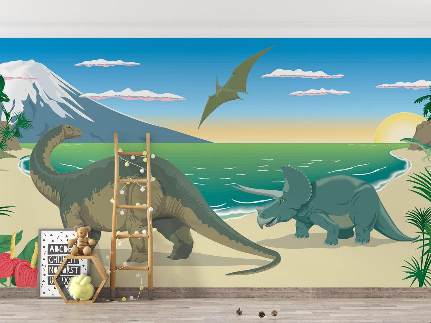 Papier Peint Dinosaure Paysage Préhistorique avec Montagnes et Océan Example de Design 4