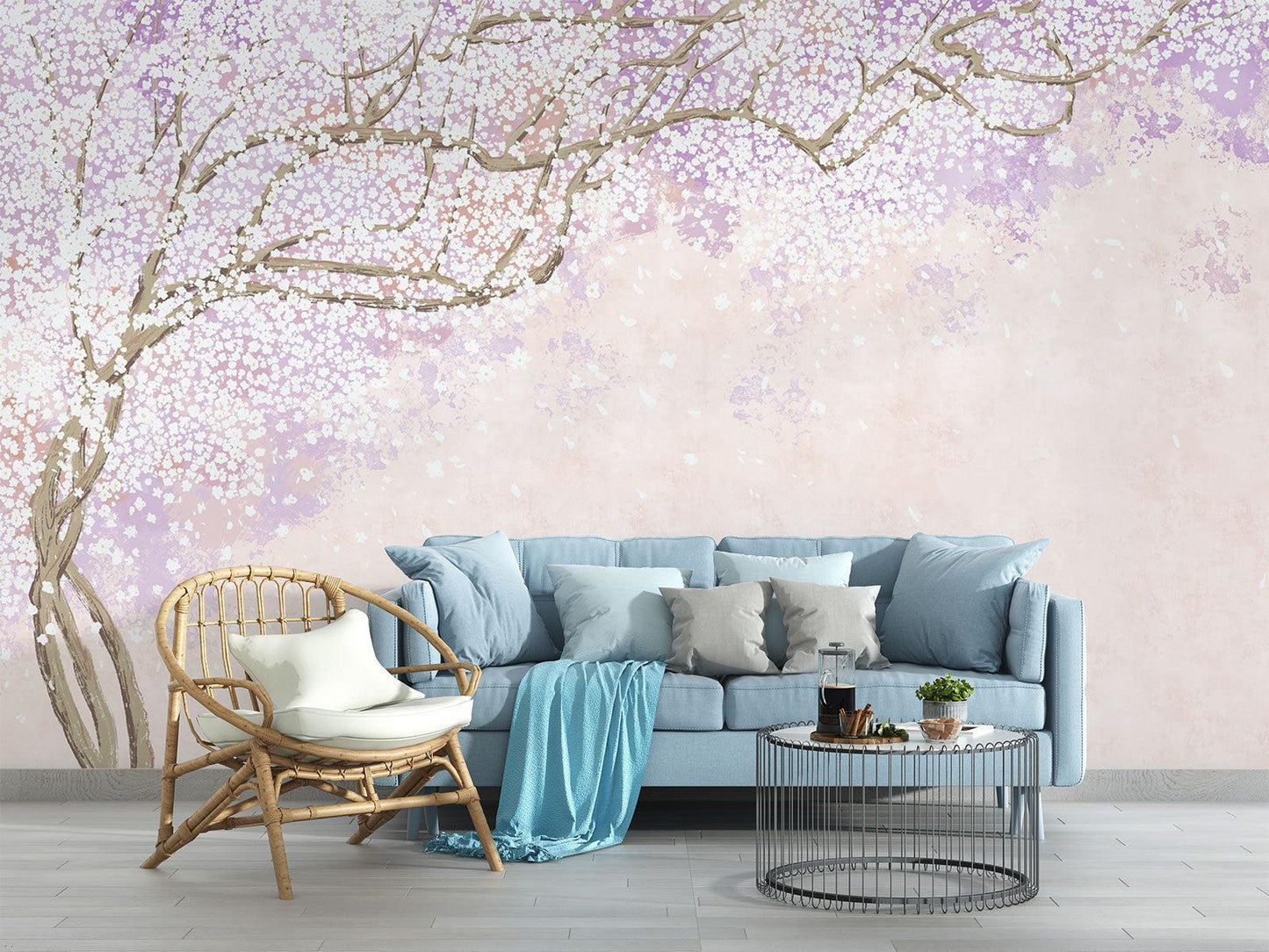 Papier Peint Cerisier Japonais Branches de Sakura Rose et Lavande Example de Design 4
