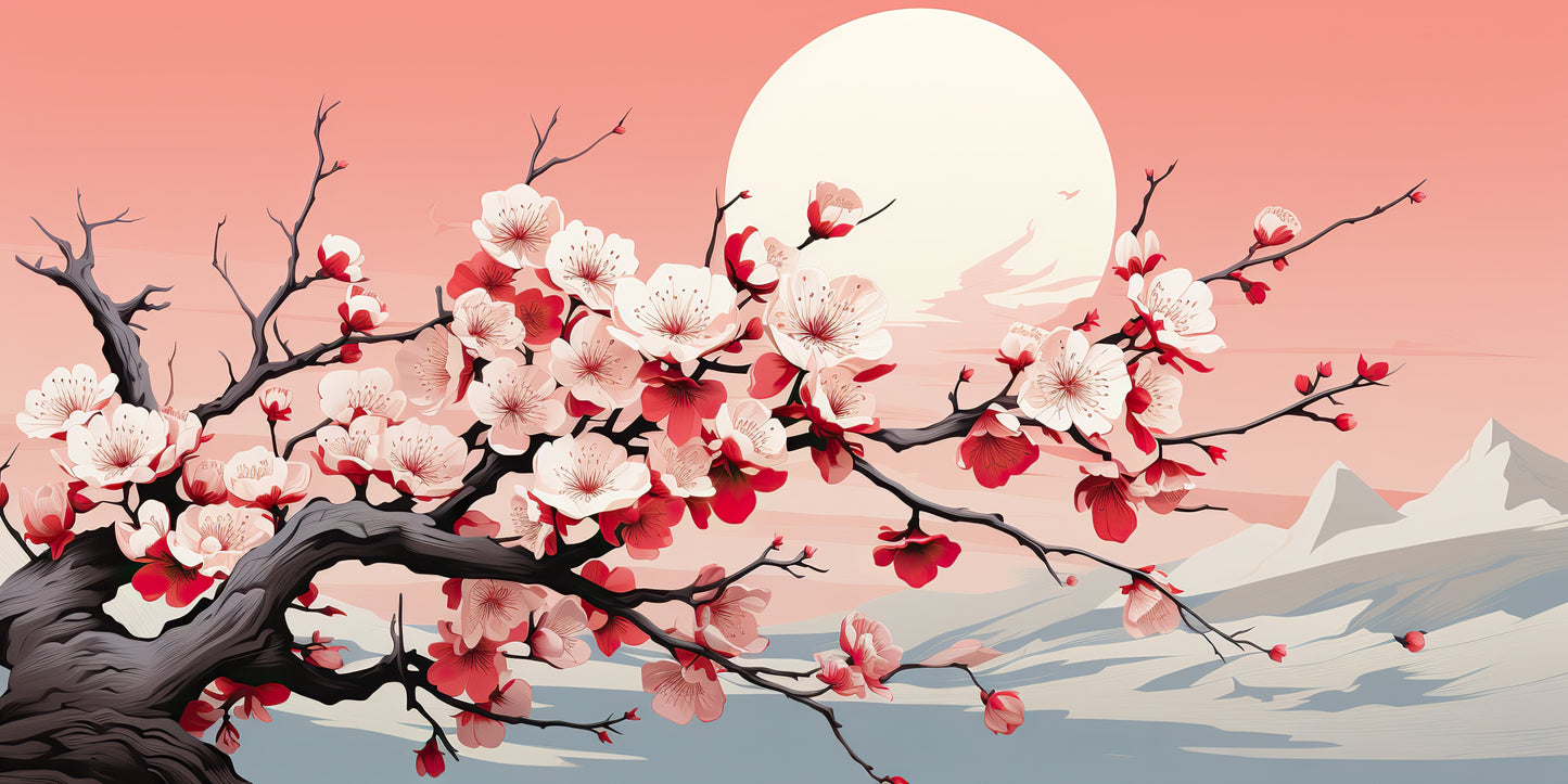 Papier Peint Japonais Cerisiers en Fleurs et Pleine Lune Rose
