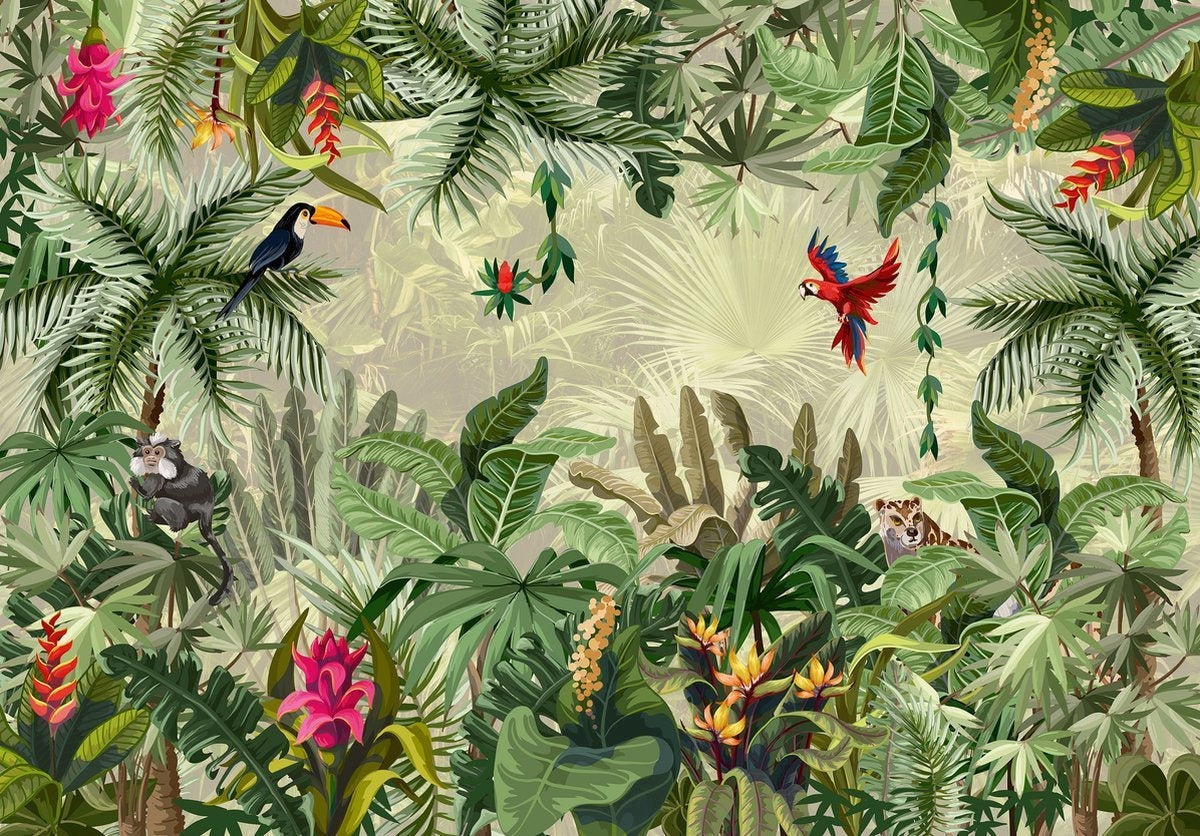 Papier Peint Jungle Tropicale Oiseaux Exotiques et Fleurs Sauvages