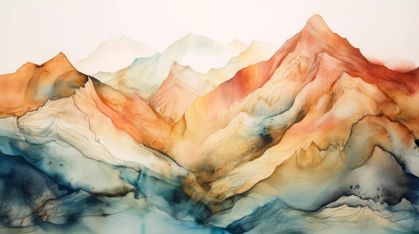 Papier Peint Montagne Paysage Aquarelle Terracotta et Beige