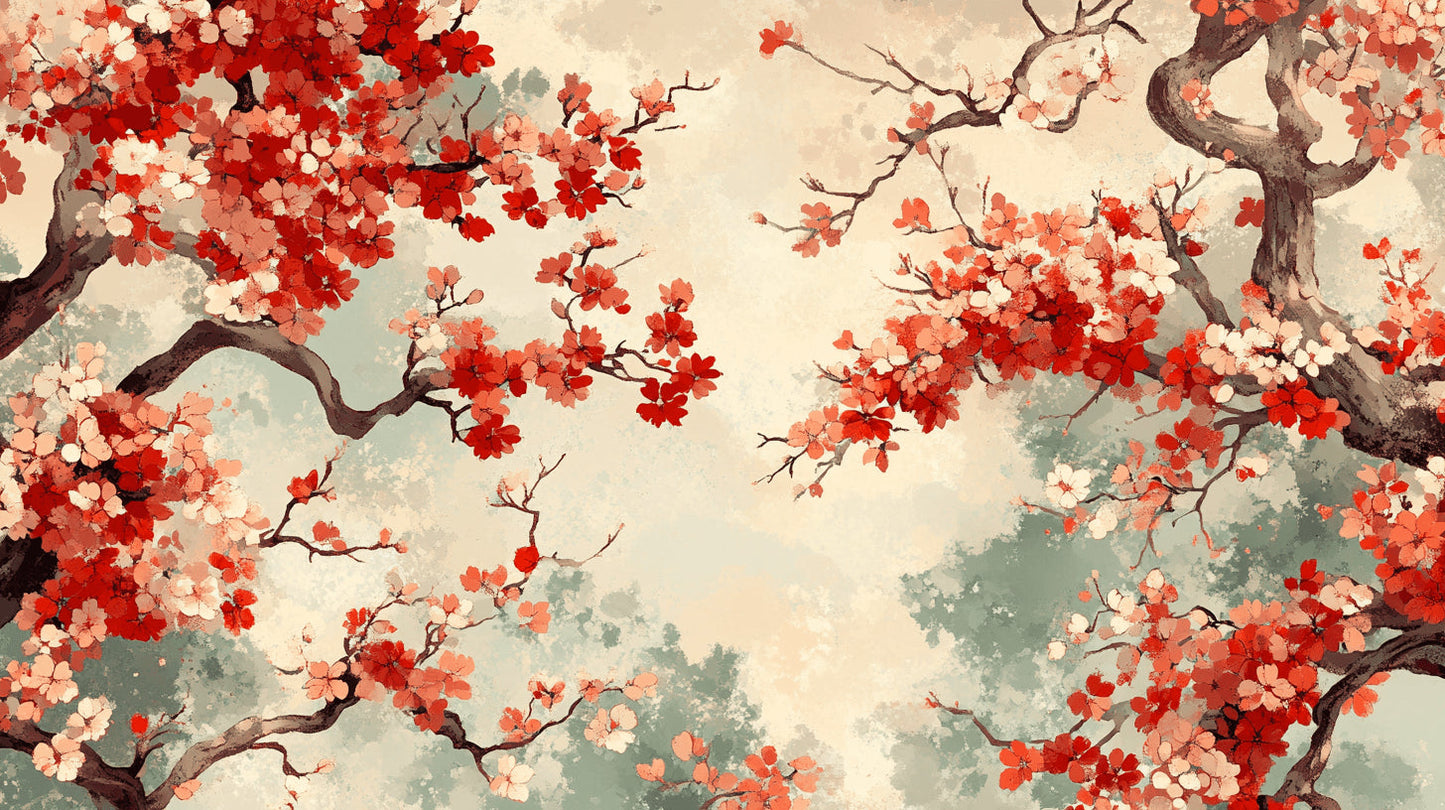 Papier Peint Japonais Cerisiers en Fleurs Rouge et Beige