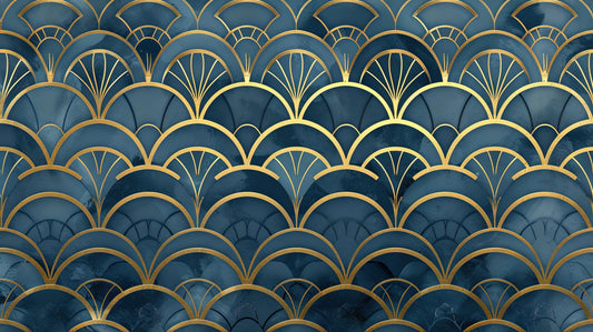 Papier Peint Art Déco Motif Éventail Doré sur Bleu Profond
