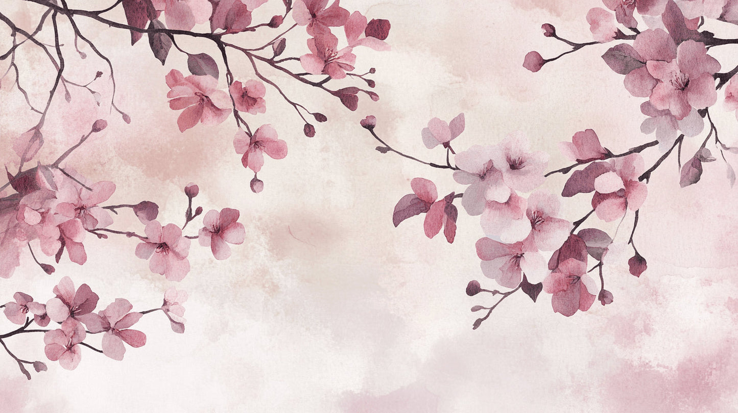 Papier Peint Fleurs de Cerisier Aquarelle Japonaise Rose et Mauve