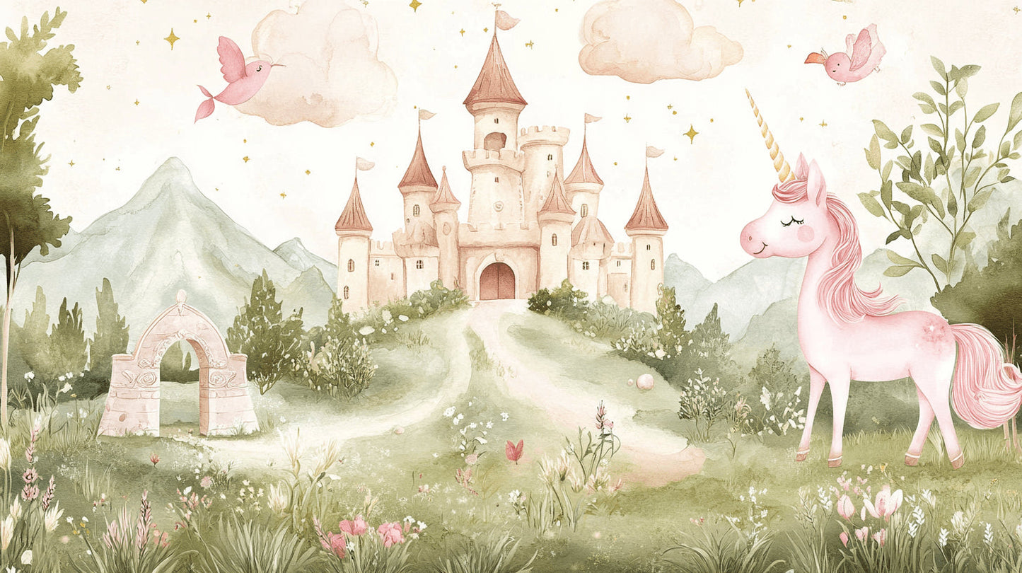 Papier Peint Château de Princesse Licorne et Oiseaux Style Aquarelle