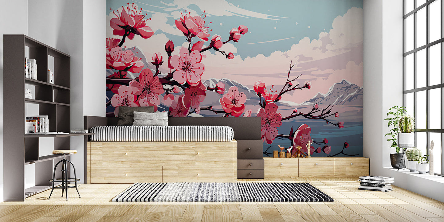 Papier Peint Japonais Fleurs de Cerisier et Montagnes Enneigées Example de Design 4